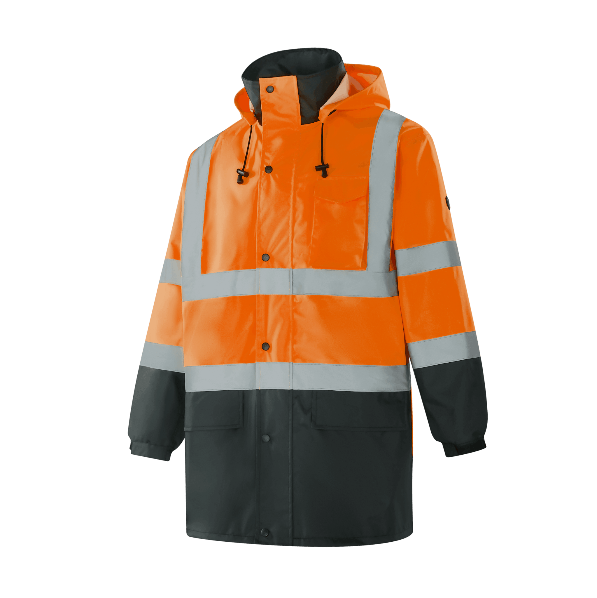 WR301 DRESDEN hi-vis orange rain jacket with black trims on collar, cuffs, and hem for dirt resistance